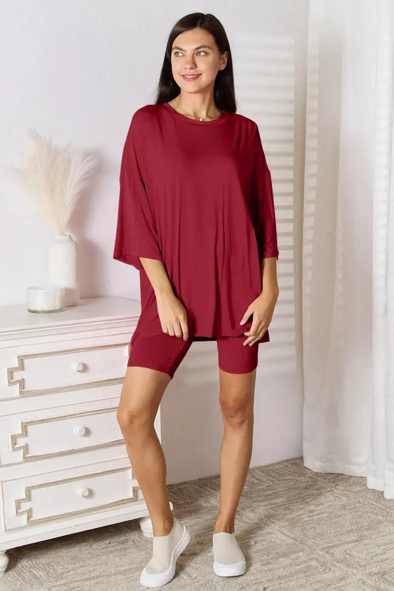 Basic Bae Full Size Soft Rayon Three - Quarter Sleeve Top and Shorts Set - Love Salve